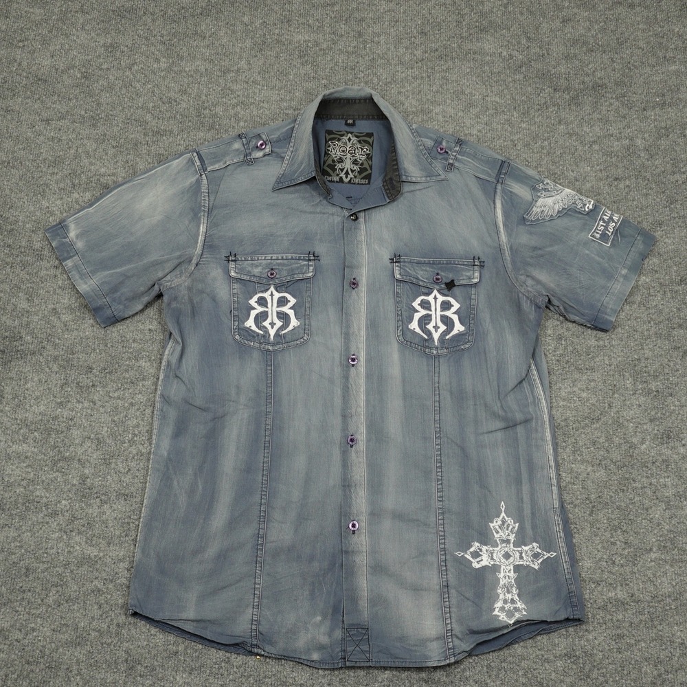 Roar Shirt Mens XL Blue Airborne Acid Wash Embroidered Button Front W51555NS